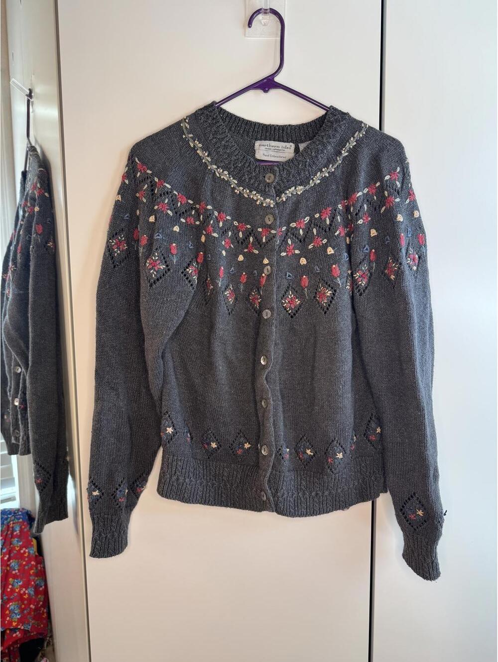Northern Isles Hand Embroidered Wool Cardigan Sweater